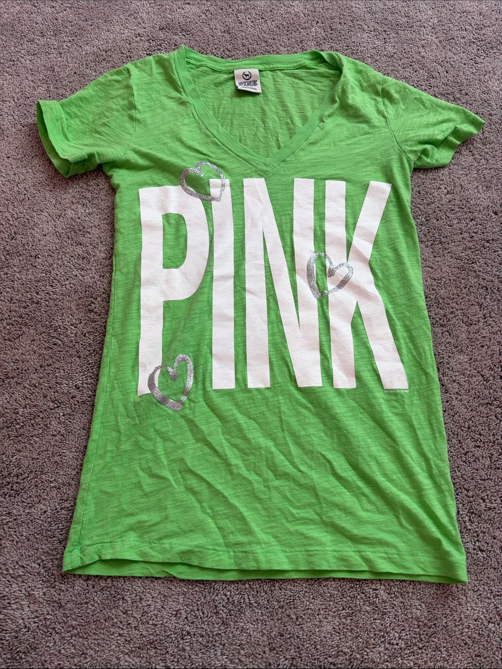 PINK Victoria's Secret Bright Green V-Neck Logo Tee with Silver Hearts